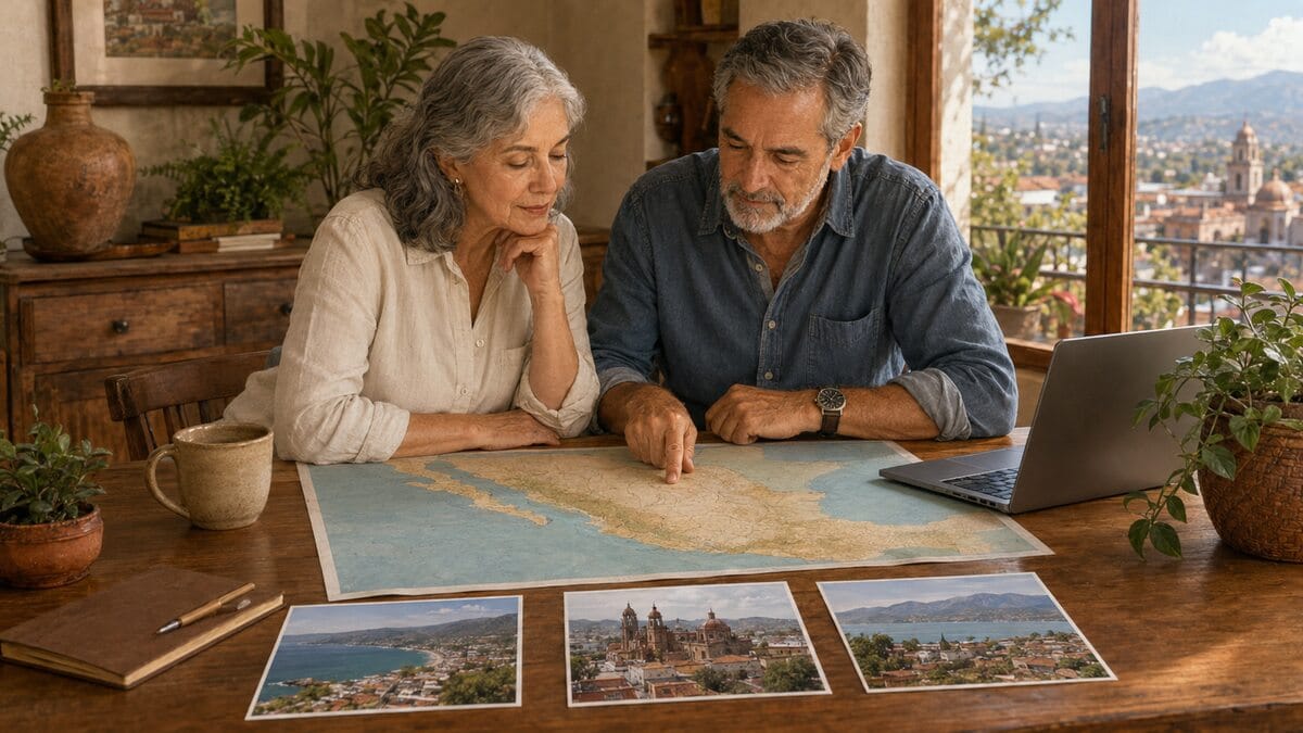 Illustration of a couple researching Mexico relocation options with a map and regional views.